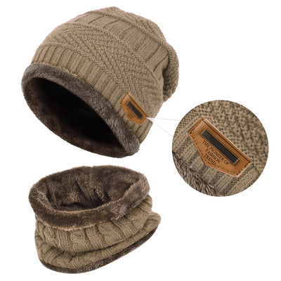2 Pieces Winter Hat Winter Scarf for Men Warm Beanie Hat Scarf Set Knit Hat & Circle Scarf with Fleece Lining Thick Knit Skull Cap - Khaki