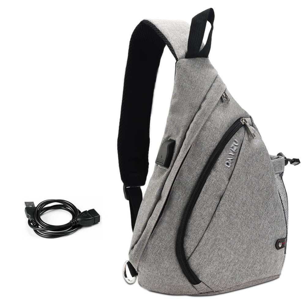 Vbiger Canvas Sling Backpack USB Rechargeable Chest Bag - Grey - Bag