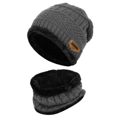 2Pcs Kids Winter Knitted Hats+Scarf Set Warm Fleece Lining Cap for 5-14 Year Old Boys Girls