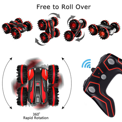 Mini RC Stunt Car Remote Control Car 4WD Amphibious 2.4GHz Double Sided 360° Rotating for Kids, Red