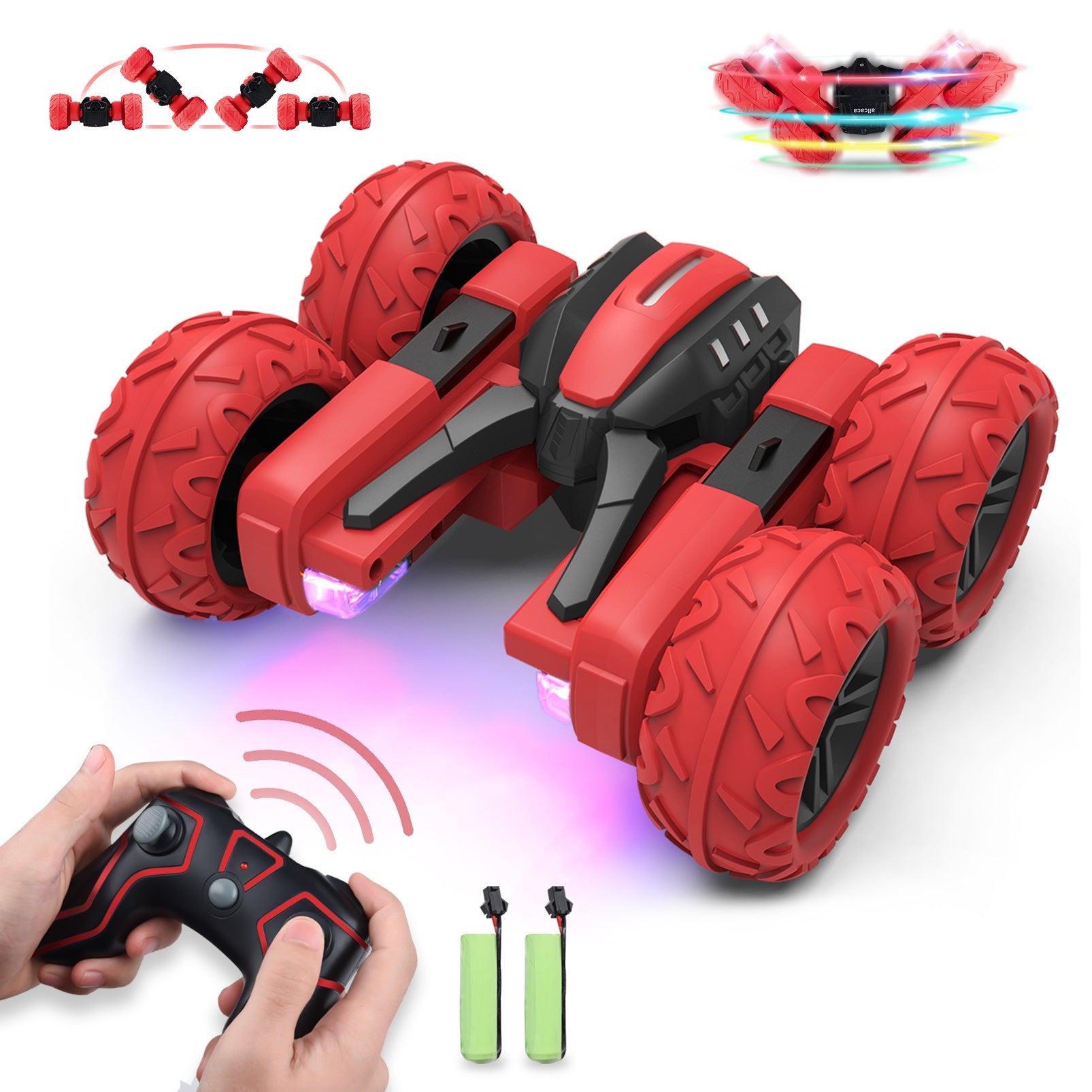 Remote Control Car for Kids, 2.4GHz High Speed RC Stunt Cars Toys, RC Offroad Double Side Driving Car Toys with 4WD LED Headlight and Rechargeable Battery Gift for Boys Kids- Red