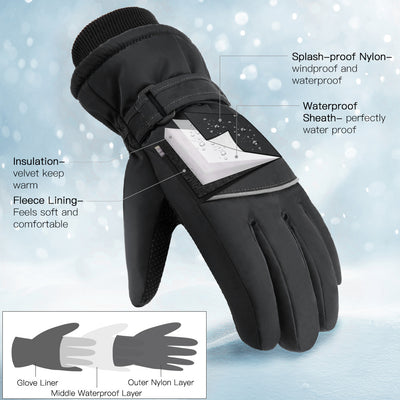 Vbiger Kids Ski Snow Gloves Cold Weather Gloves, Winter Gloves Anti-Slip Waterproof Windproof Thermal Fleece with Grip Suitable for Kids Between 10-12 Years Old, Black