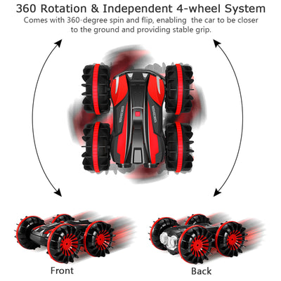 Mini RC Stunt Car Remote Control Car 4WD Amphibious 2.4GHz Double Sided 360° Rotating for Kids, Red
