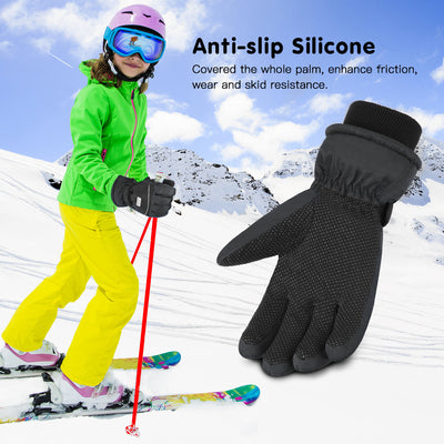 Vbiger Kids Ski Snow Gloves Cold Weather Gloves, Winter Gloves Anti-Slip Waterproof Windproof Thermal Fleece with Grip Suitable for Kids Between 10-12 Years Old, Black
