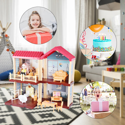 Toys Dollhouse for 3-8 Years Girls | 113 Pcs 2-Level DIY Doll House Playset Toy with Sweet Fashion Dolls & 4 Rooms & Furniture Home Decoration & LED Light for Kids Toddlers Gift