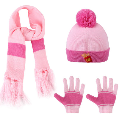 3 Pcs Kids Winter Hat Gloves Scarf Set, Girls Boys Toddler Knit Beanie Hat Scarf Gloves Set, Neck Warmer Mittens Fleece Lined Set, Pink