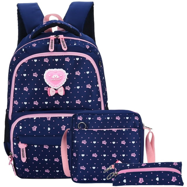 Vbiger School Backpack for Girls: 3 in 1 Schoolbag with 2 Mini Bags, Cross-Body Bag and Money Pouch for Students Between 7-16 Years Old, Dark Blue