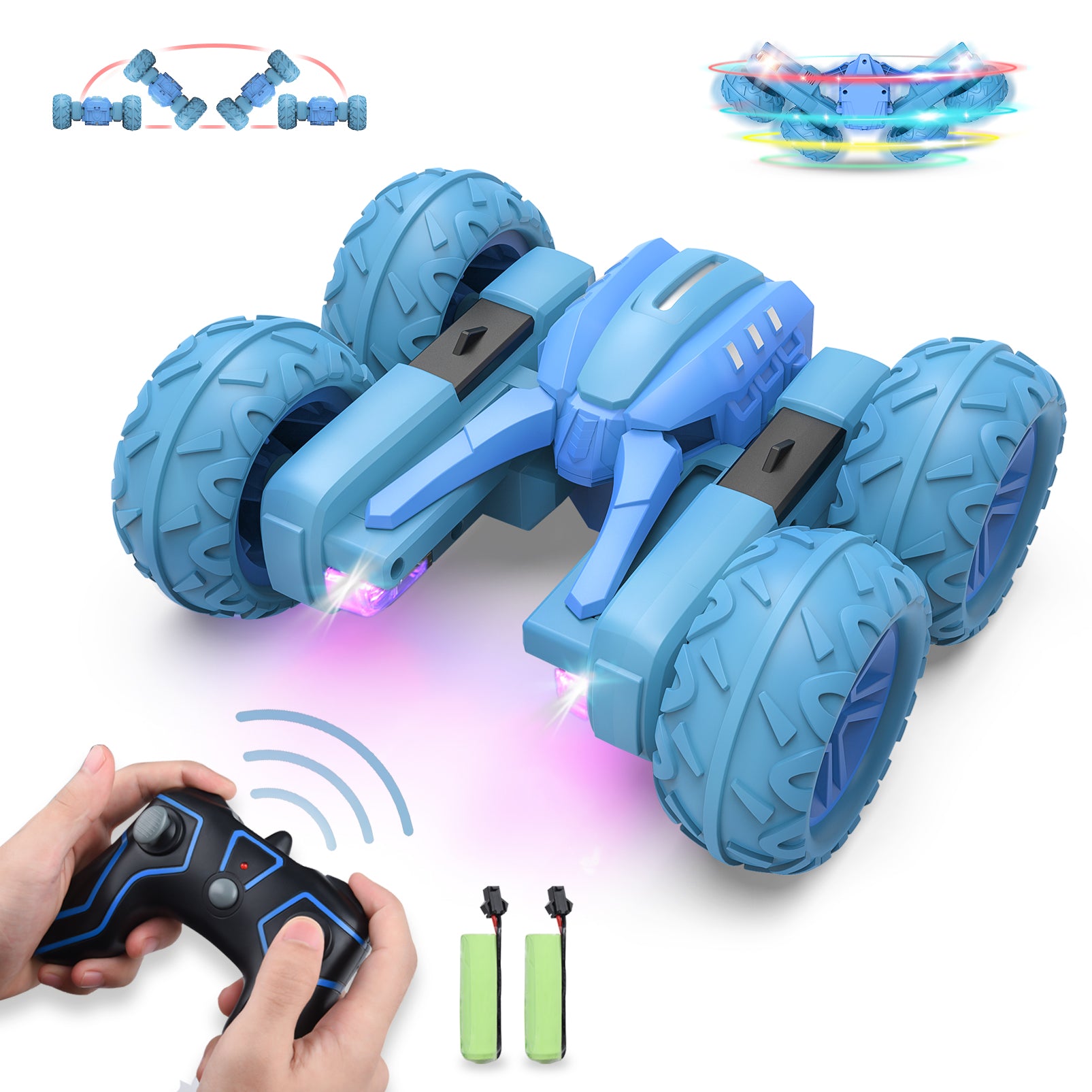Remote Control Car for Kids 4 5 6 7 8 Years Old, RC Car Stunt with Light 4WD 2.4Ghz Double Side Rotating Racing Vehicle 360° Flips Offroad, Toy for Boys Girls Age 3-12 Birthday Xmas Gift, Blue