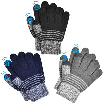 3 Pairs Kids Winter Gloves: Warm Knit Touchscreen Gloves Outdoor Sports Children Cold Weather Gloves for 8-10 Years Old Boys Girls Toddler - Stripe Gloves