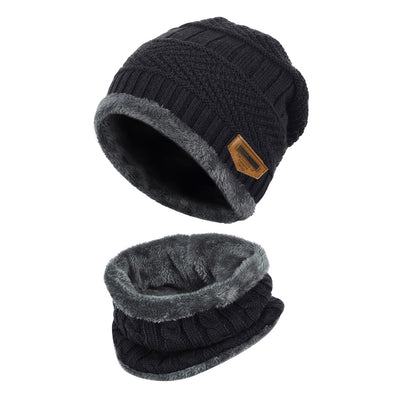 2Pcs Kids Winter Knitted Hats+Scarf Set Warm Fleece Lining Cap for 5-14 Year Old Boys Girls