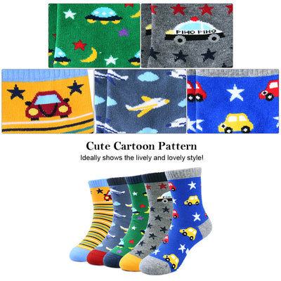 Vbiger Toddler Boys Cotton Socks Little Boys Cute Cartoon Pattern Socks Dual Defense Cushion Comfort Socks for 3-5 Years Old Boys - 5 Pairs