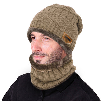 2 Pieces Winter Hat Winter Scarf for Men Warm Beanie Hat Scarf Set Knit Hat & Circle Scarf with Fleece Lining Thick Knit Skull Cap - Khaki