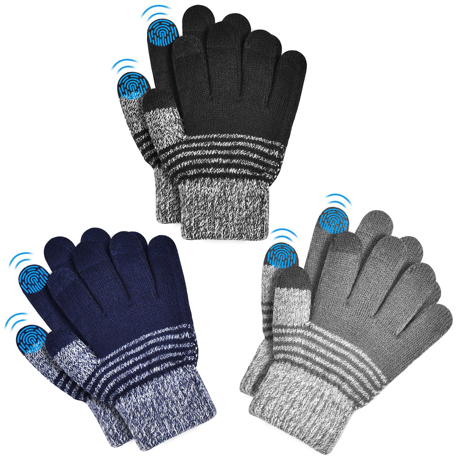 3 Pairs Kids Gloves for Winter Gloves for Boys Girls Touchscreen Gloves Sports Gloves for Kids Aged 6-8 Years Old - Black Gray & Navy