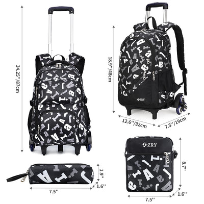 Vibger 3PCS Kids Rolling Backpack - Wheeled Backpack Kids Rolling Bookbag with Cross-Body Bag, Pencil Bag-Black