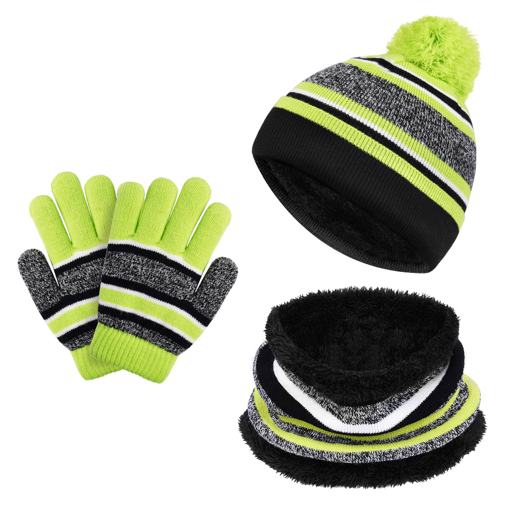 3 Pcs Boys Girls Beanie Hat and Glove Scarf Set, Kids Winter Hat Winter Scarf Winter Gloves Set Winter Warm Knitted Set with Fleece Lining for Autumn, Winter, Green