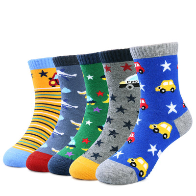 Vbiger Toddler Boys Cotton Socks Little Boys Cute Cartoon Pattern Socks Dual Defense Cushion Comfort Socks for 3-5 Years Old Boys - 5 Pairs