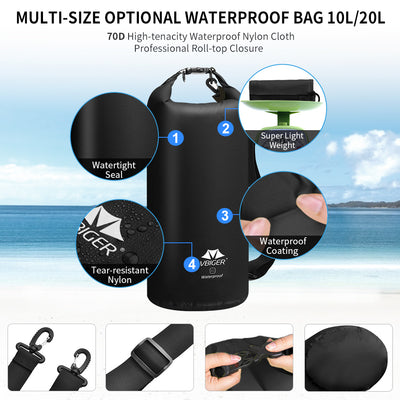 Vbiger Dry Bag 20L Waterproof Roll Top Sack Backpack 3-Pack with Cellphone Bag and Waist Bag for Kayaking Beach Rafting Boating Hiking Camping & Fishing - Black