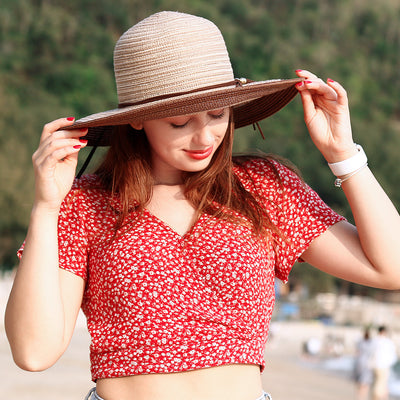 Vbiger Womens Beach Sun Hats Straw Hat Wide Brim UPF 50 Summer Travel Hat Foldable Packable Roll-up Floppy Beach Hats for Women - Brown