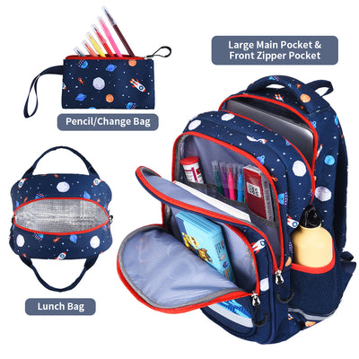 Vbiger Boys Backpack - 3-in-1 Lightweight Durable School Backpack Shoulder Bag Teenager Bag Set with Insulated Lunch Bag & Pencil Bag - Blue