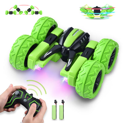 RC Cars Remote Control Stunt Car for Kids, 2.4GHz Degree Off-Road Double Sided Rotating Tumbling High-Speed Rock Car with Dual-Dual-Color Headlights & 2 Batteries for Ages 5+ Kids, Green