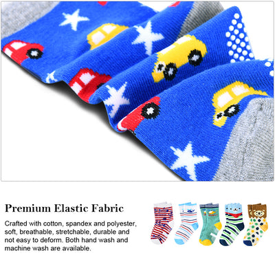Vbiger Toddler Boys Cotton Socks Little Boys Cute Cartoon Pattern Socks Dual Defense Cushion Comfort Socks for 3-5 Years Old Boys - 5 Pairs