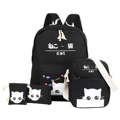 Vbiger 4-in-1 Shoulder Bags Casual Student Daypack for Teenage Girls Cute Cat Pattern - Black - Bag