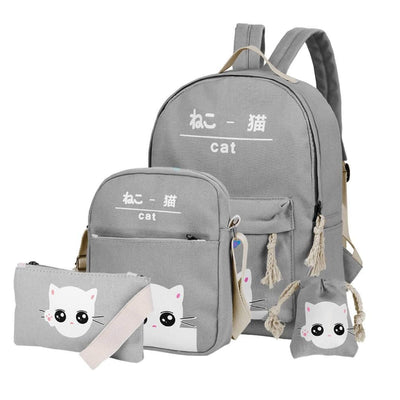 Vbiger 4-in-1 Shoulder Bags Casual Student Daypack for Teenage Girls Cute Cat Pattern - Grey - Bag