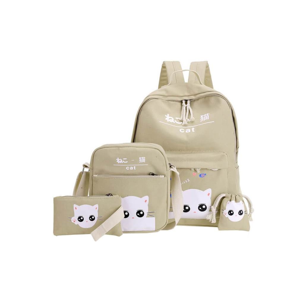 Vbiger 4-in-1 Shoulder Bags Casual Student Daypack for Teenage Girls Cute Cat Pattern - Khaki - Bag