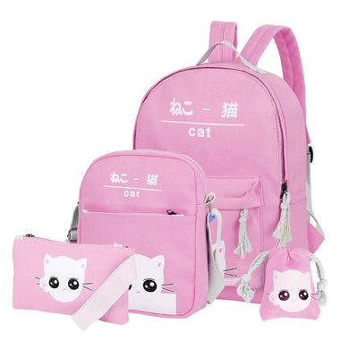 Vbiger 4-in-1 Shoulder Bags Casual Student Daypack for Teenage Girls Cute Cat Pattern - Pink - Bag