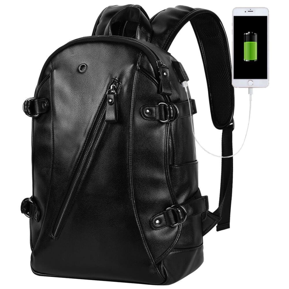 Vbiger Men PU Laptop Backpack Casual Travel Backpack Large Capacity School Bag with USB Cable - Backpacks