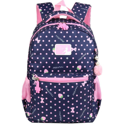 Vbiger Trendy Printing School Bag Casual Outdoor Daypack for Primary School Students Exquisite Printing and Pompon Decor - Dark Blue -