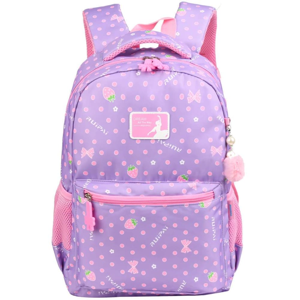 Vbiger Trendy Printing School Bag Casual Outdoor Daypack for Primary School Students Exquisite Printing and Pompon Decor - Purple -