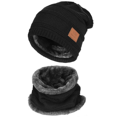 Vbiger Warm Knitted Hat and Circle Scarf with Fleece Lining 2 Pieces - Black - Hats