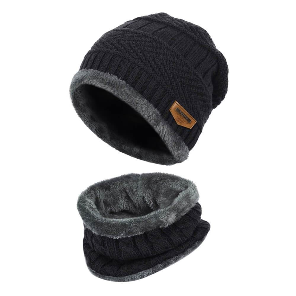 Vbiger Warm Knitted Hat and Circle Scarf with Fleece Lining 2 Pieces - Black - Hats