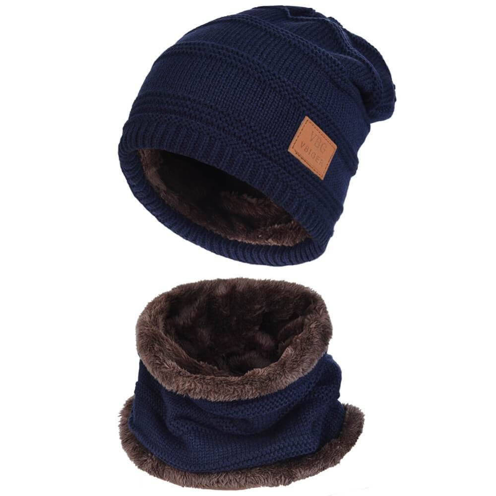 Vbiger Warm Knitted Hat and Circle Scarf with Fleece Lining 2 Pieces - Blue - Hats