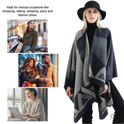 Vbiger Women Color Block Shawl Wrap Open Front Poncho Cape Oversized Winter Blanket Reversible Scarf Thick Cardigan Coat - Scarf