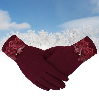 Womens Fashionable Flocking Touchscreen Warmer Lace Gloves - Gloves