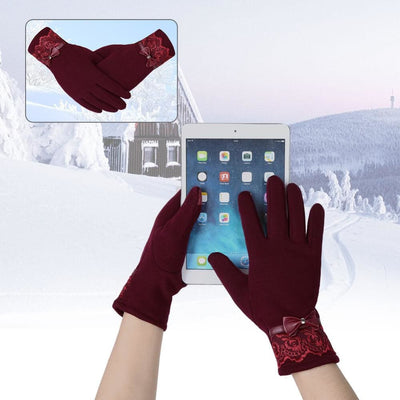 Womens Fashionable Flocking Touchscreen Warmer Lace Gloves - Gloves